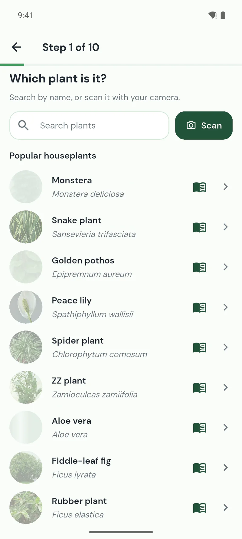 Adding a plant: search, scan or pick from popular houseplants